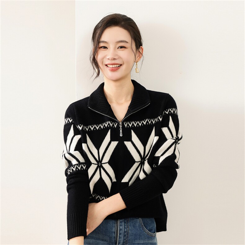 2025年秋季长袖两穿拉链八角花开衫时尚通勤休闲,女装羊毛衫,慕洵羊绒