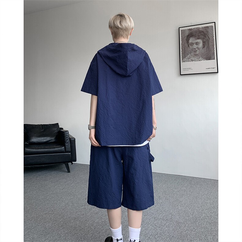 TZ793-特55控98新款速干肌理感连帽男短袖衬衫六分裤大码套装,男装T恤,电商A059