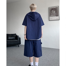 TZ793-特55控98新款速干肌理感连帽男短袖衬衫六分裤大码套装，男装T恤，电商A059