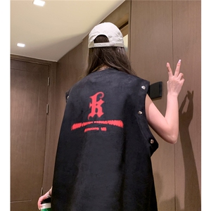 中性 夏装新款麂皮绒印花可拆卸圆领宽松短袖T恤女背心 D286 P38图片