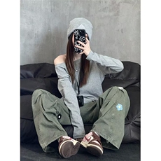 美式复古花朵刺绣多口袋直筒工装裤男女高街设计感宽松情侣阔腿裤，男装工装外套，星座1210-1
