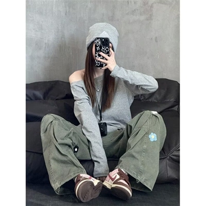 美式复古花朵刺绣多口袋直筒工装裤男女高街设计感宽松情侣阔腿裤图片