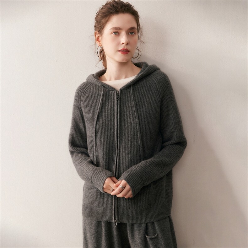 465克~休闲宽松山羊绒开衫女厚毛衣外套2025秋冬连帽拉链针织衫黄,针织衫/毛衣,朵沐纯羊绒