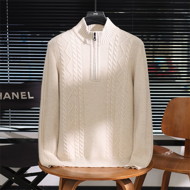 秋冬季羊绒百搭休闲款半高拉链全身绞花中工羊绒衫男装，男装羊绒套衫，君道羊绒