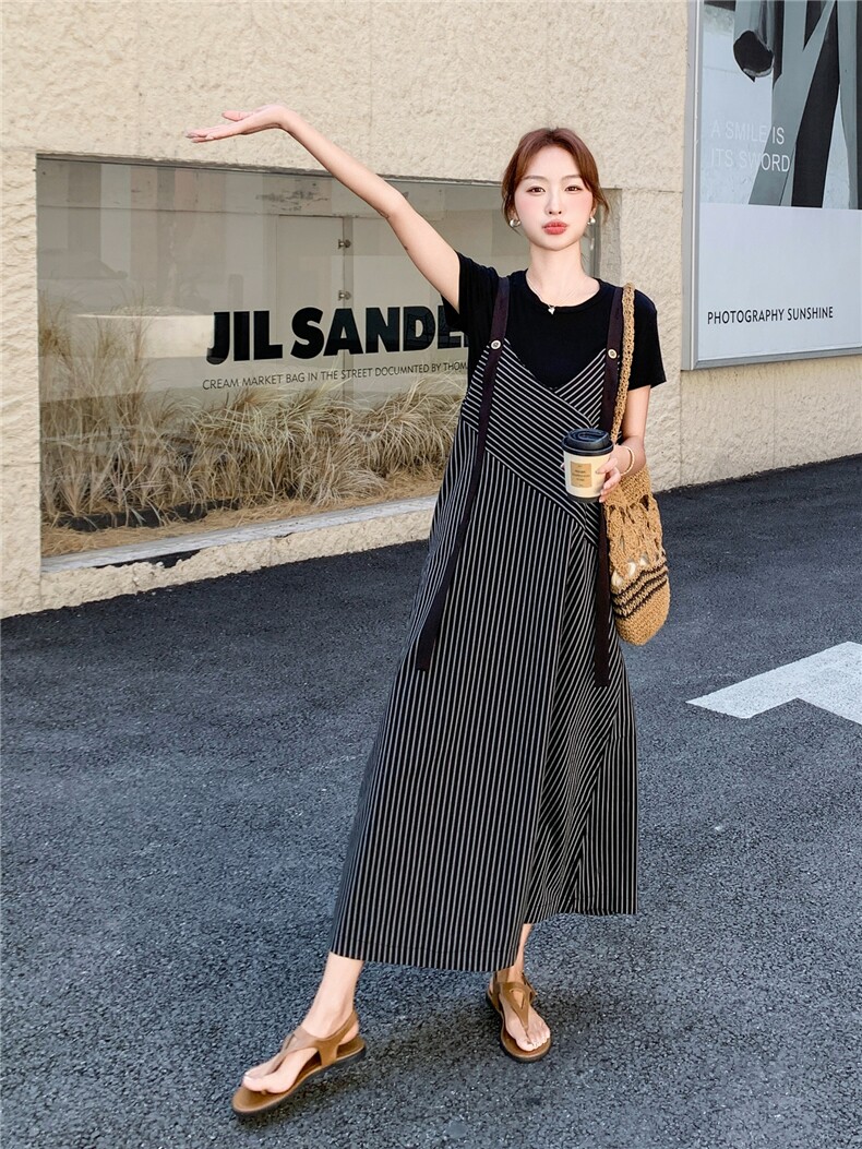 新品现货条纹背带裙T恤两件套2C032375P145K208,女装连衣裙,2C032