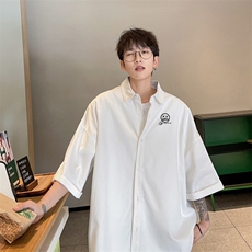 小众设计感日系短袖衬衫男夏季冰丝领带袖标衬衣宽松休闲白色外套，男装衬衫，电商B371