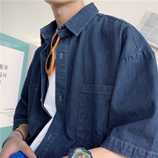 港风复古牛仔衬衫男夏季新款短袖衬衣青少年宽松休闲外套CS05-P40，男装衬衫，星座1008-1