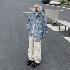 新款美式水洗复古设计感格子衬衫长袖男宽松休闲百搭衬衣，男装衬衫，星座410-6（原星座1304-1）