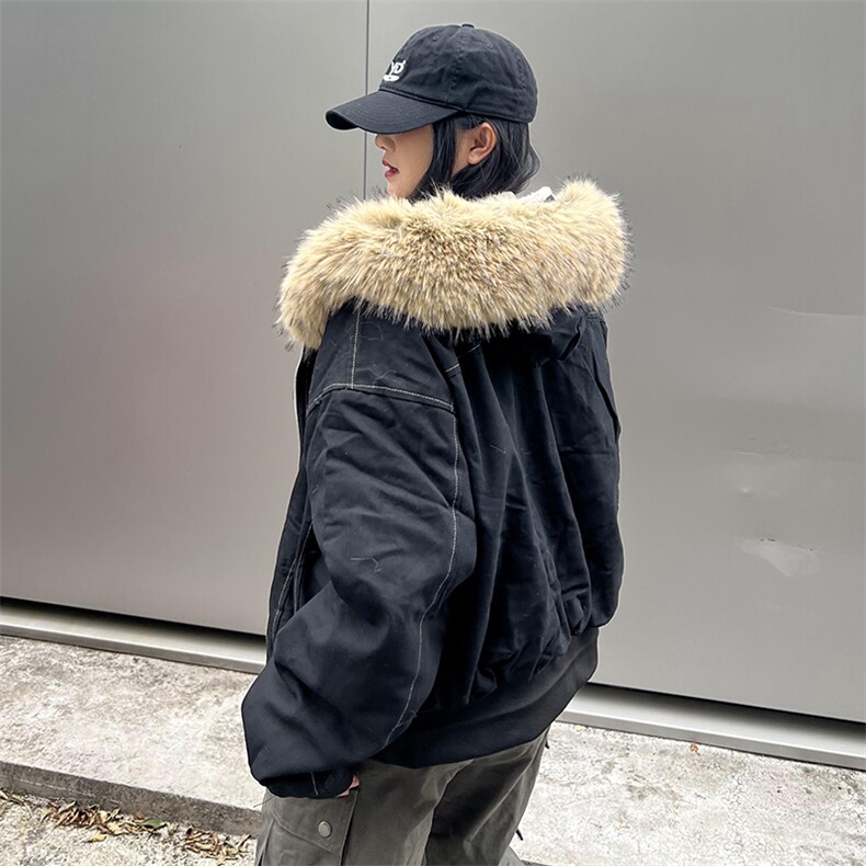 现货重磅boxy短款棉衣座山雕大毛毛领男女棉服水洗工装厚外套,男装棉衣,电商A486-1