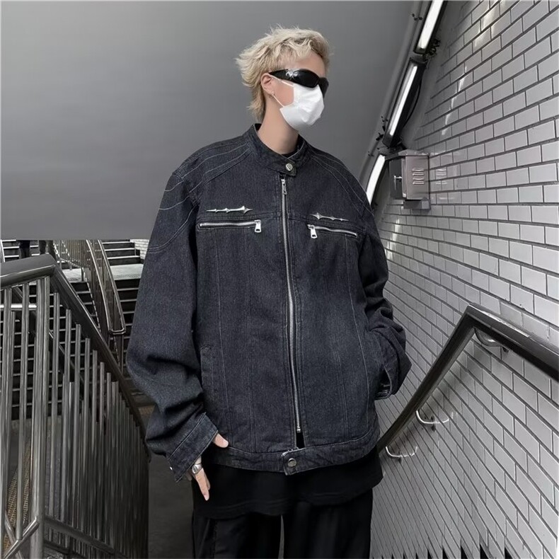 垫肩短款拼接牛仔外套复古做旧水洗金属设计感无领夹克N1224有货,男装夹克,星座302B