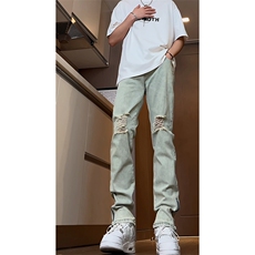 B221美式ins高街暗黑拉链小脚弹力破洞牛仔裤LK23060-P65控88，男装牛仔裤，电商B221