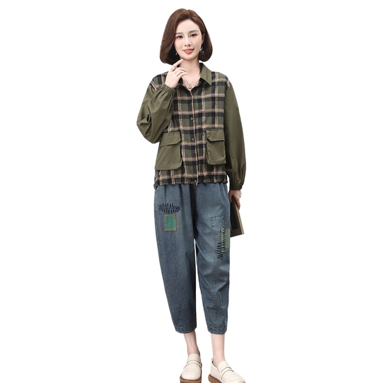 时尚格子拼接宽松休闲套装女秋冬季新款韩版显瘦长袖两件套裙子,女装套装/套裙,叶笙衣