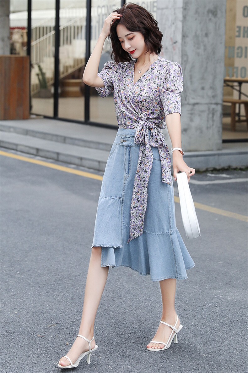 碎花半身裙牛仔套装女夏季2021新款女装韩版时尚网红两件套套裙潮,女装套装/套裙,瑶迪依秀
