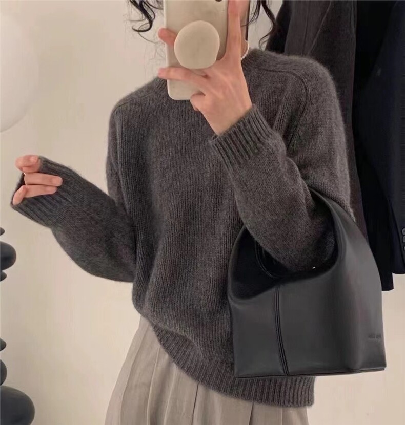 时尚潮流2024秋冬新款女百搭气质简约套头羊毛衫,女装羊毛衫,戎咖羊绒