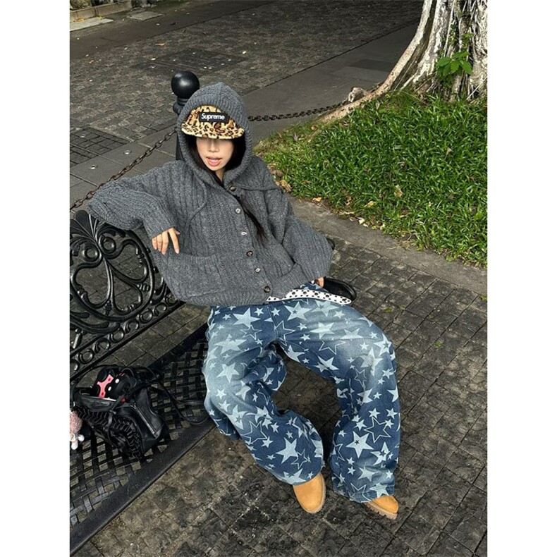 设计感小众2025春秋新款今年流行宽松直筒阔腿印花牛仔裤子女,男装牛仔裤,星座506A