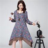 优雅复古印花长袖连衣裙宽松显瘦不规则下摆设计，女装连衣裙，丽影随形