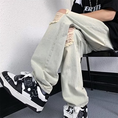 高腰夏季拉链长裤男简约微弹牛仔裤水洗宽松直筒青春流行潮直脚，男装牛仔裤，星座1013