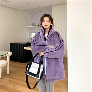新款保暖外套立领杠条拼接长袖秋冬加厚超柔仿兔毛百搭显瘦外套女