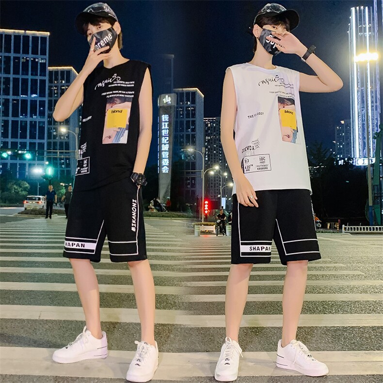 2021青少年新款男女情侣装薄款纯棉卡通宽松背心套装男 TZ258图片