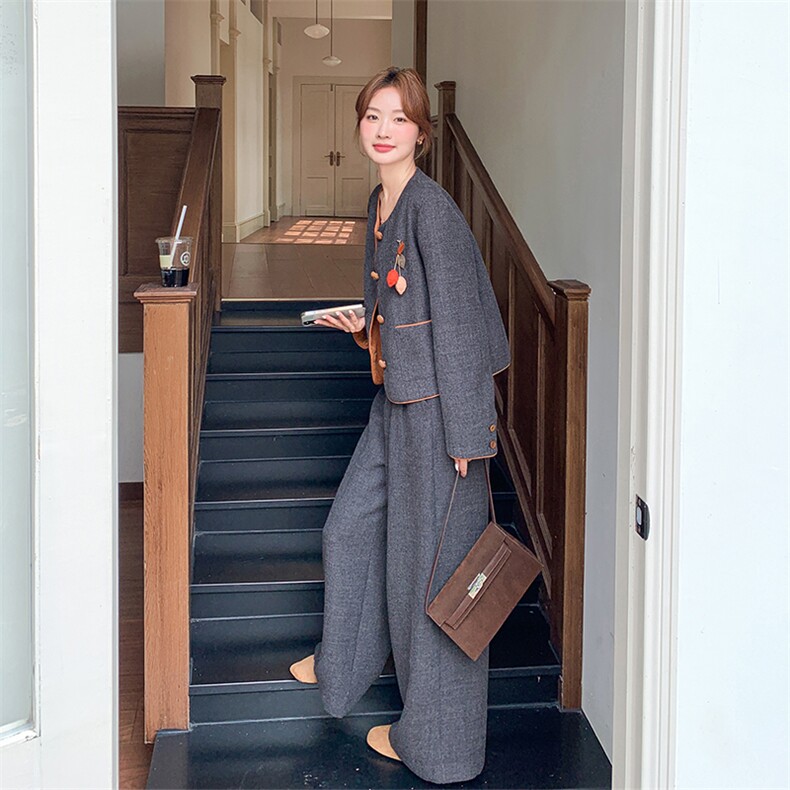 法式复古撞色外套阔腿裤套装女2025秋季新款高级感轻熟显瘦两件套,女装套装/套裙,浙宝301