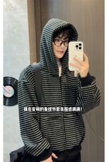 加绒条纹连帽卫衣美式复古开衫短款外套男女5D1202-TP65118，女装短外套，电商A102