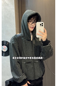 加绒条纹连帽卫衣美式复古开衫短款外套男女 5D1202-TP65118图片
