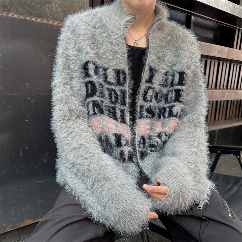 美式街头复古潮牌字母提花开衫仿貂绒水貂毛秋冬款情侣外套ins，女装短外套，星座505-2（原电商A260-1)