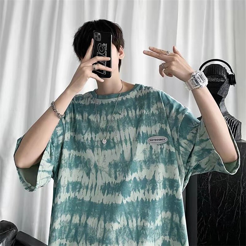 新款潮流街头流行百搭五分袖衣服扎染短袖T恤港风现货T071-P20，男装T恤，星座512-2