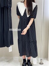 2022夏季新款韩版法式娃娃领中长款波点连衣裙女，女装连衣裙，Miss 梨儿