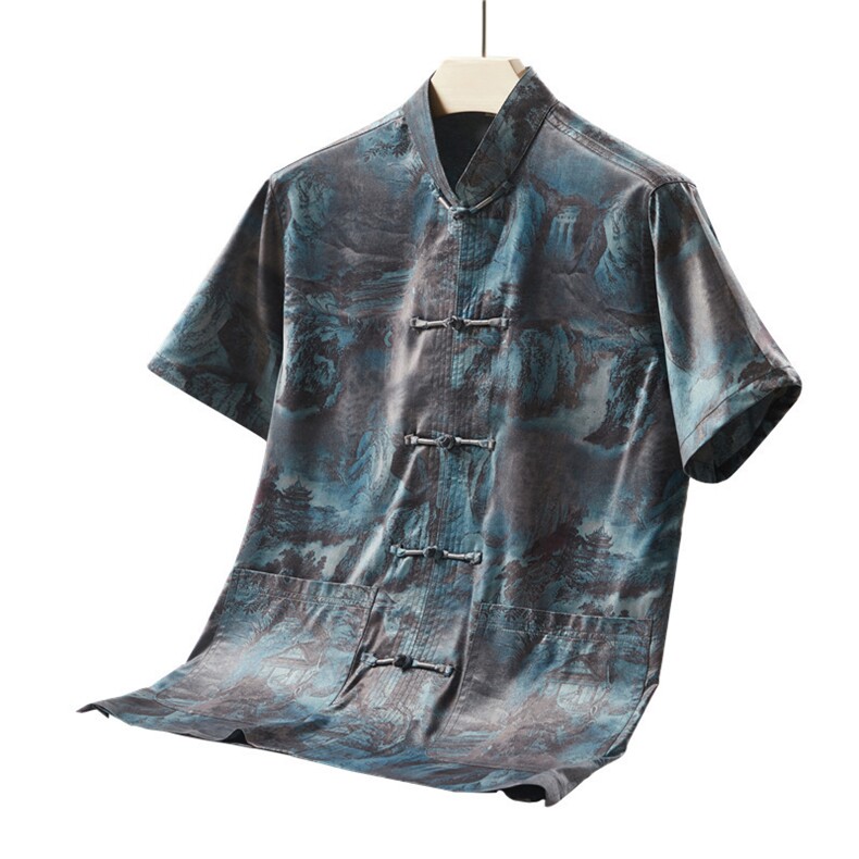 主推大货香云纱唐装短袖衬衫男士中年艺术风复古盘扣T恤，男装民族服装，钱塘723