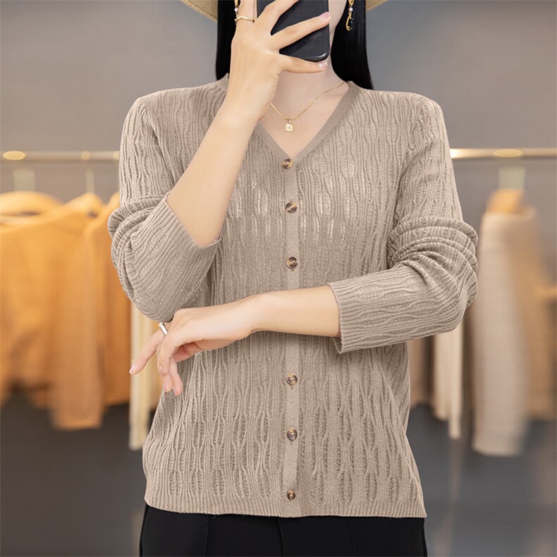 初秋季V领镂空长袖针织衫开衫女精仿羊毛针织衫外搭薄款时尚外套,针织衫/毛衣,佳绒包芯纱店