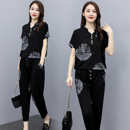 2021夏季时尚简约大方气质优雅半袖收腰显瘦宽松复古领口休闲潮流风两件套，商品下架区商品下架区，华秀衣