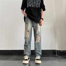 破洞高街牛仔裤男韩版潮流帅做旧2024夏季新款ins长裤RK1607-P43，男装牛仔裤，星座412-2