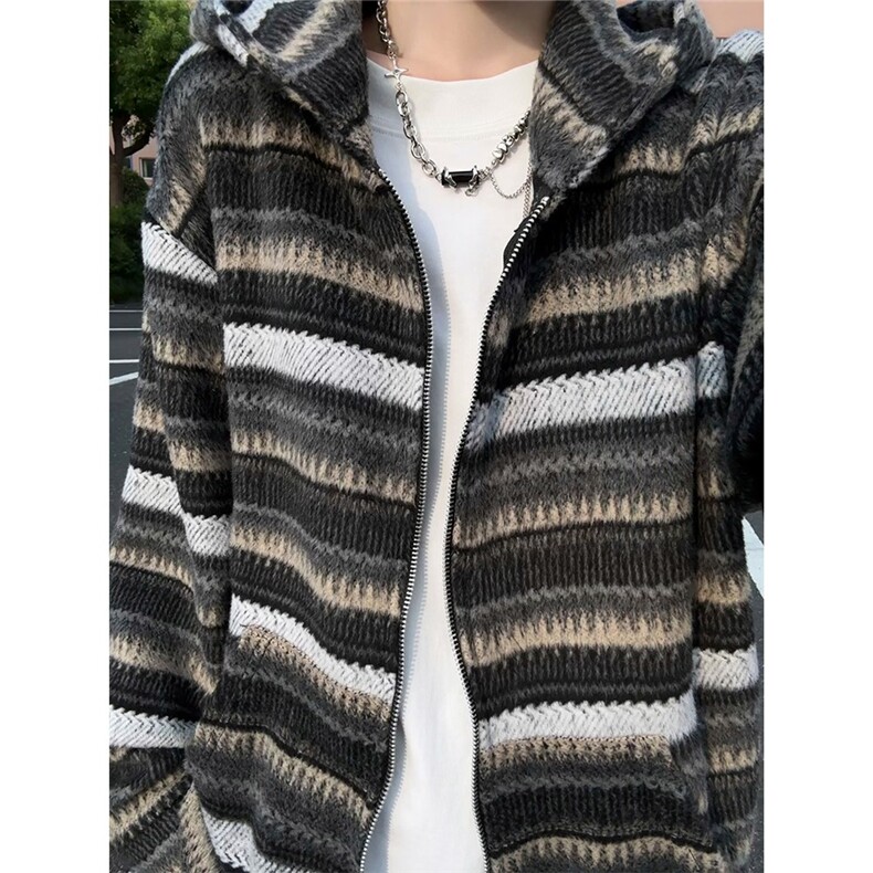 美式复古毛呢条纹开衫连帽卫衣外套男女慵懒风情侣休闲帽衫，女装短外套，星座506A