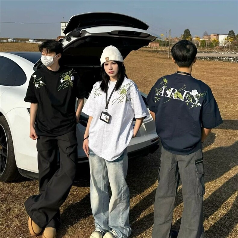 现货 重磅刺绣花卉刺绣短袖体恤男女情侣宽松休闲半袖衫LZT88-p43图片