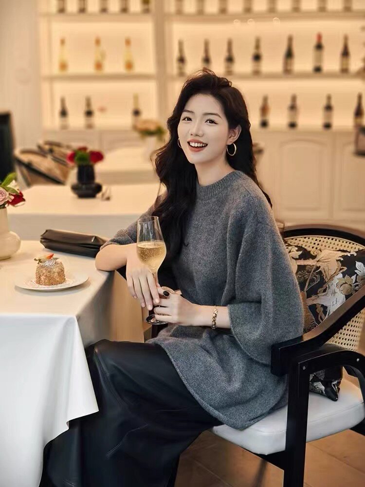 2025年秋季套头单件常规时尚百搭通勤简约中长款七分袖，女装针织衫/毛衣，琳尚羊绒