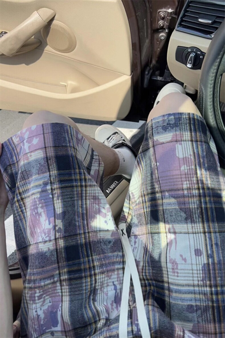 扎染格子短裤男生夏季薄款设计感高级潮牌潮流青少年宽松五分裤子,男装休闲裤,电商A007
