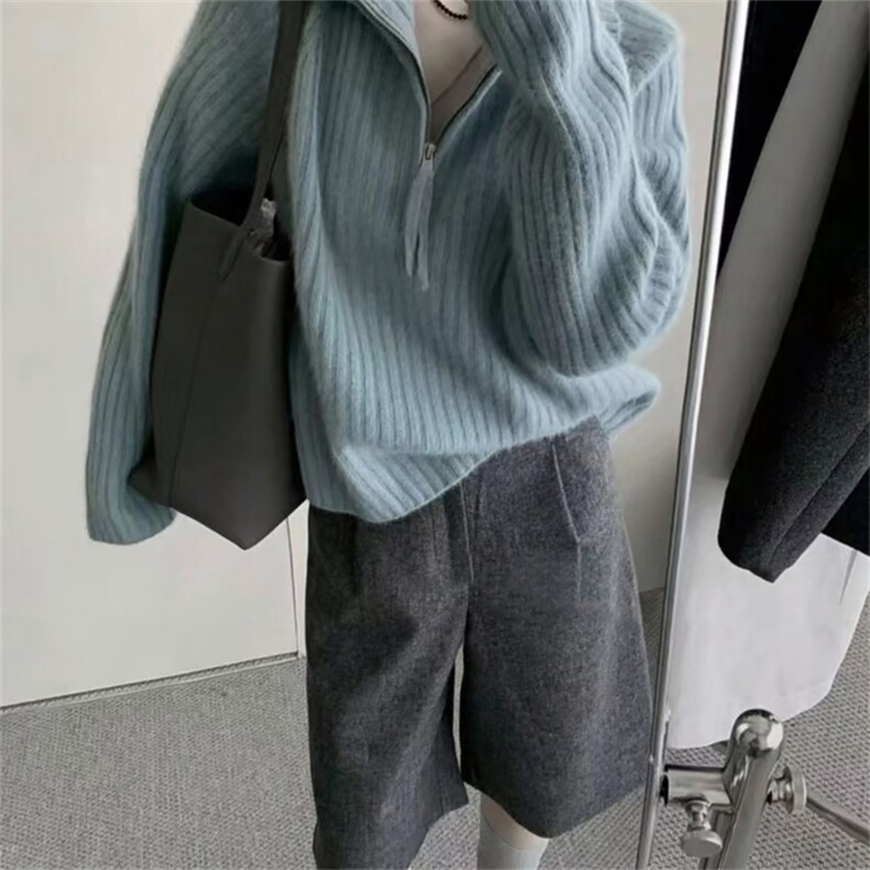 2025年秋季新款百搭女士抽条半拉链翻领长袖羊毛衫,女装羊毛衫,新胜羊绒