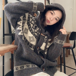 重磅秋冬北极绒开衫毛衣美式复古休闲慵懒风牛角扣针织衫连帽外套
