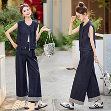 牛仔套装女2025夏新款韩系高级松弛感超火减龄休闲无袖一整套穿搭，女装套装/套裙，意芙