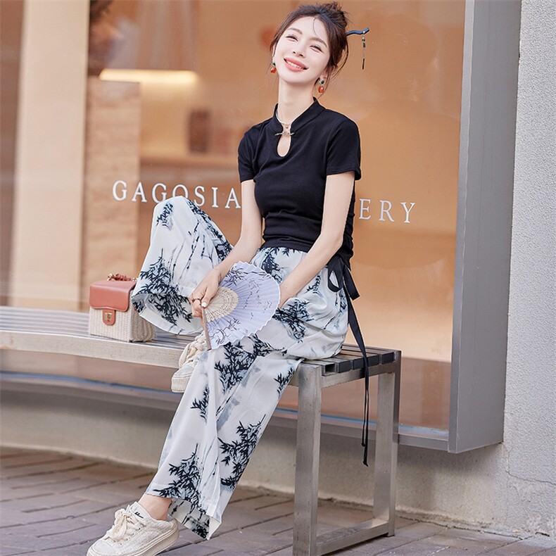 2024新款新中式水墨G风套装女夏季时尚短袖t恤直筒裤两件套,女装套装/套裙,曼娅璐