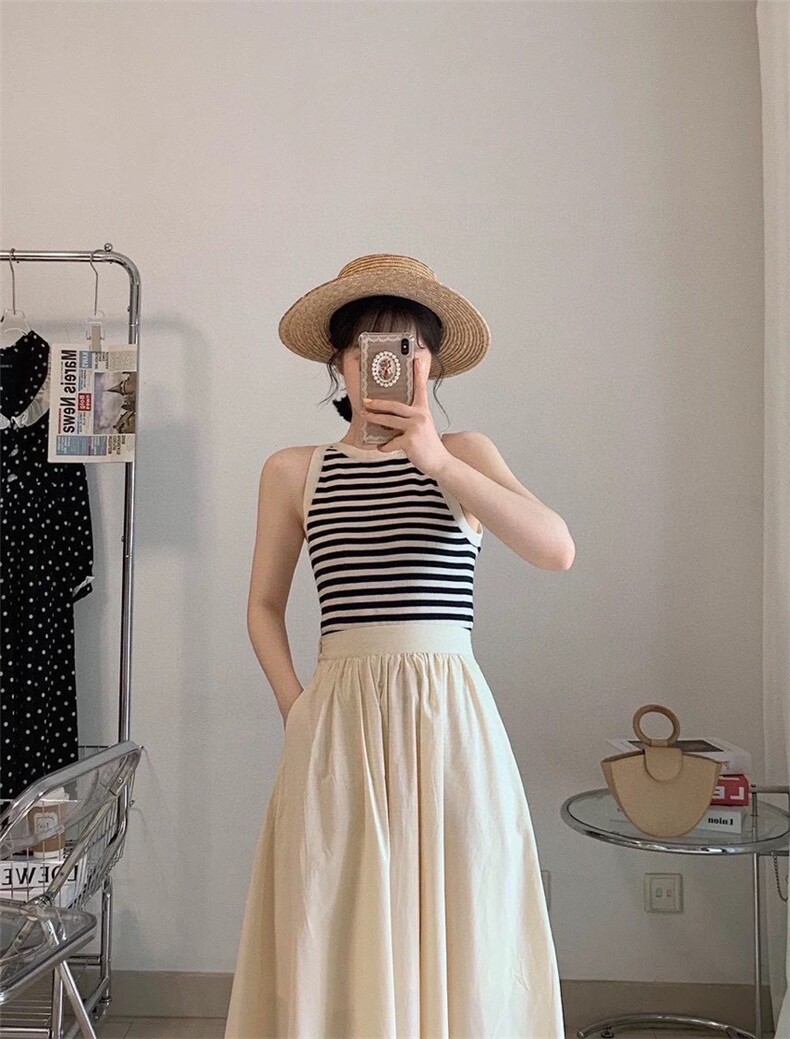 法式条纹针织背心女夏2025新款短款百搭,女装背心吊带,沐策羊绒
