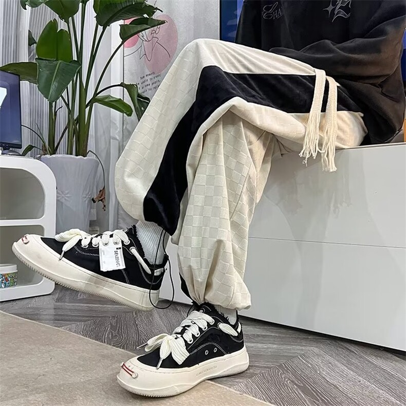 男春季新款棋盘格宽松休闲长裤直筒运动裤DX77P38,男装休闲裤,星座1116-2