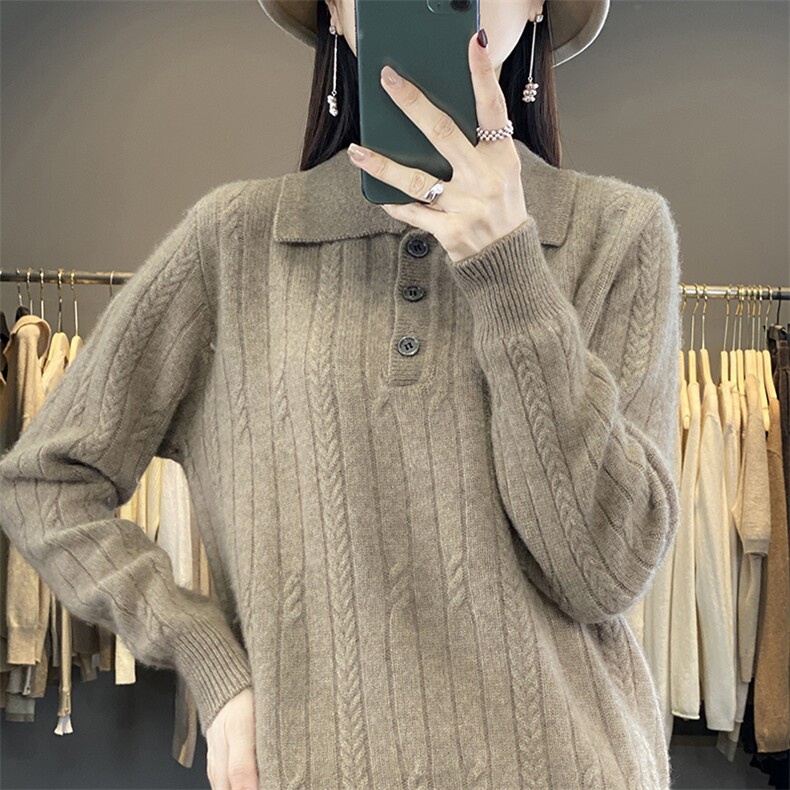 时尚女士Polo领加厚羊毛衫羊毛保暖显瘦针织衫,女装羊毛衫,暮绒羊羊绒