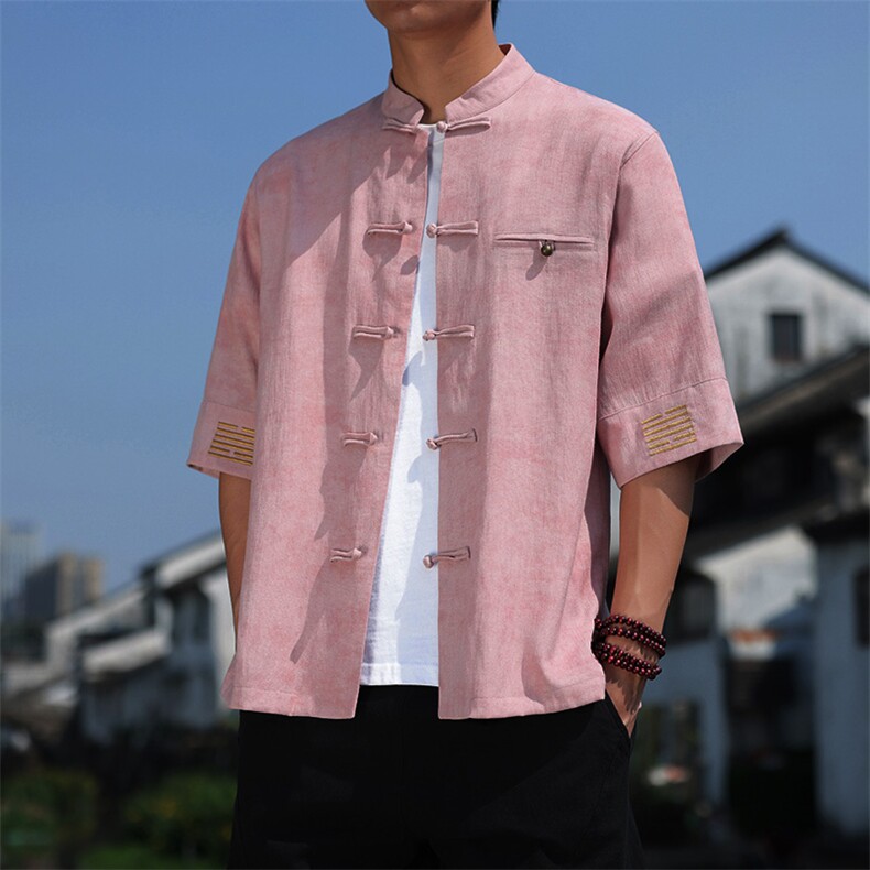 风铜扣盘扣刺绣中式立领衬衫透气开衫短袖潮A087-1-YM663P85，男装T恤，电商A087-1