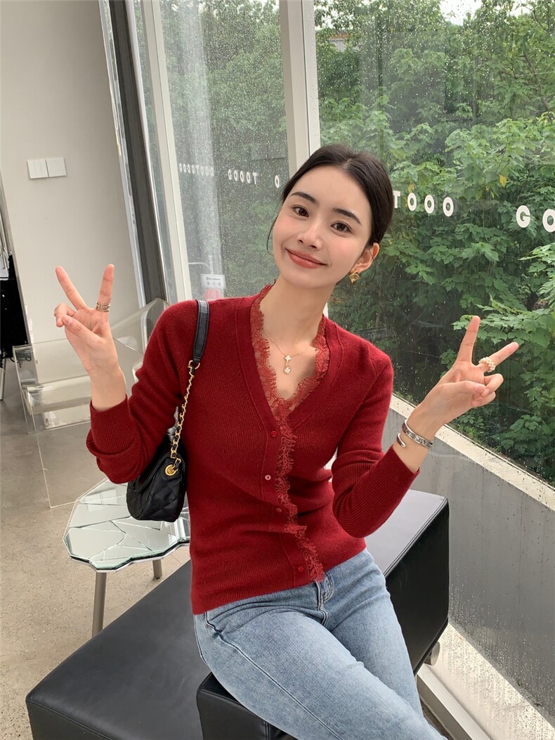 秋冬新款v领蕾丝边衫女修身开衫上衣针织衫,针织衫/毛衣,玛卡隆羊绒