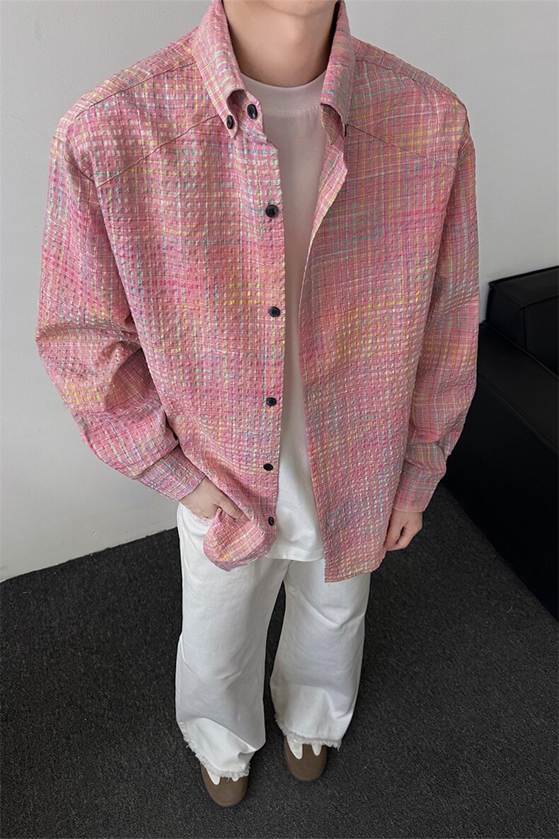格纹泡泡纱衬衫日系复古高级感宽松长袖衬衣潮5Q4068-TP5588,男装衬衫,电商A102