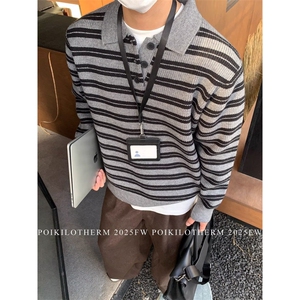高端款男士秋冬季套头毛衣针织衫polo翻领毛衣复古条纹上衣