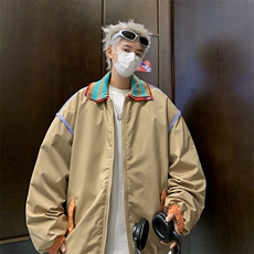 港风春款男假两件夹克双领条纹拼色休闲外套JK8236P70，男装夹克，星座1013-1