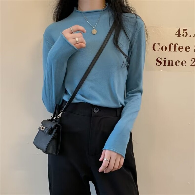打底衫半高领春春秋季针织衫女新款大码百搭毛衣长袖上衣，女装针织衫/毛衣，中性港风女装